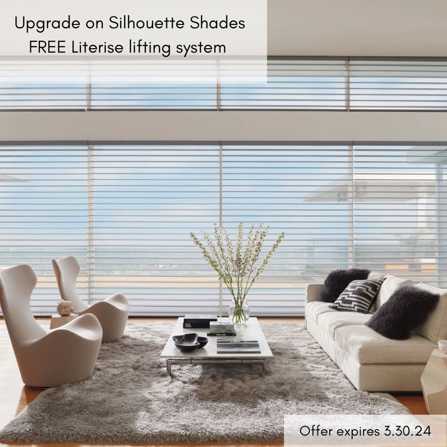 Free upgrade on Silhouette Literise cordless system, Free Upgrade on Duette Honeycomb shades UltraGlide lifting system, Free Hidden Tilt on Newstyle Shutters